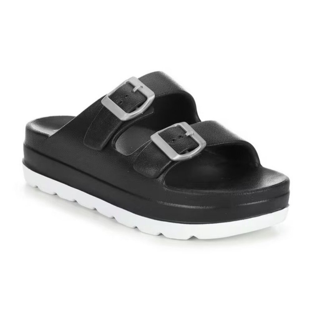 MIA Black and White Double Buckle Slide Sandals